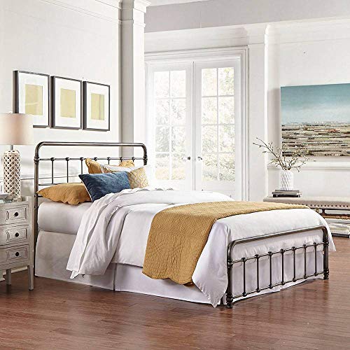 eLuxurySupply Metal Bed Frame - Vintage Style Weathered Nickel Finish Folding Bedframe - Easy Assembly with Headboard and Foot Board - Sturdy Steel Construction Bed Base - King Size