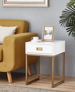 White/Golden Finish Modern Nightstand Side End Table with Drawer