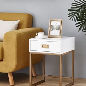 White/Golden Finish Modern Nightstand Side End Table with Drawer