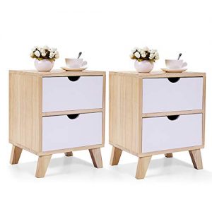 JAXSUNNY 2 Drawers Nightstand Solid Wood Mid Century Modern End Table Bedside Table for Bedroom Set of 2,14" L x 12" W x 18" H,White and Walnut