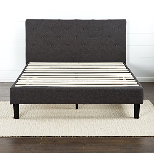 Zinus Shalini Upholstered Diamond Stitched Platform Bed / Mattress Foundation / Easy Assembly / Strong Wood Slat Support / Dark Grey, Queen