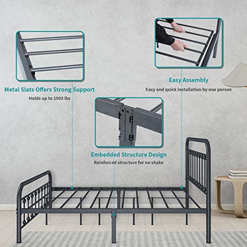 RINKMO Metal Bed Frame Full Size Vintage Sturdy Platform Bed with Headboard and Footboard, Premium Steel Slat Support Mattress Foundation, No Box Spring Needed and Easy Assembly (Black) Feature