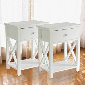 MAGIC UNION Wooden X-Design Modern Side End Table Storage Shelf with Bin Drawer White Night Stand Sets of 2