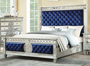 ACME Varian Queen Bed - - Blue Velvet & Mirrored