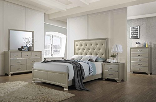 Kings Brand Furniture - 6-Piece Champagne Finish with Upholstered Headboard Queen Size Bedroom Set. Bed, Dresser, Mirror, Chest & 2 Night Stands