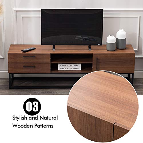 CANMOV TV Stand 59"for Living Room Entertainment Room, Mid-Century Furniture，Brown  HIGH QUALITY & DURABLE: This TV Table with metal frame is anti-collision and waterproof design, which protect the TV Table surface from daily wear and tear. The thick metal frame and track-legs construction makes the desk very strong, so you can use it for many years
 FOR ANY ROOM: One of the best parts about our table with storage is that it can be used in almost any room of your home. As a great TV stand in the living room, a nightstand in the bedroom or entryway storage, the modern dresser will definitely look amazing.
  SAVE YOUR TIME: Gone are the days of spending your afternoon assembling furniture; with numbered parts and detailed instructions, also we provide instructional assembly video to help you.
 PRODUCT SIZE: 59"(L)x14"(W)x18"(H), Package Weight:103lbs About CANMOV CANMOV is a company specializing in living-room furniture. It researches, develops, manufactures and sells upholstered furniture with the aim to build a comfortable and environmental. CANMOV devotes to provide high quality product for millions of families in the world by its simplified American style design. We believe that design can always light up your life.