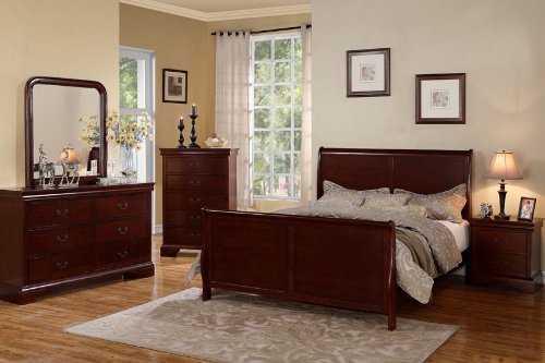 Poundex Louis Phillipe Cherry Queen Size Bedroom Set Featuring French Style Sleigh Platform Bed and Matching Nightstand, Dresser, Mirror, Chest