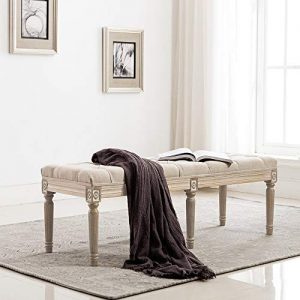 Chairus Fabric Upholstered Entryway Ottoman Bench - Classic Bedroom Bench with Rustic Wood Legs - Beige