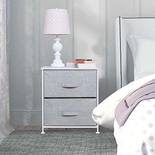 mDesign Night Stand/End Table Storage Tower - Sturdy Steel Frame, Wood Top, Easy Pull Fabric Bins - Organizer Unit for Bedroom, Hallway, Entryway, Closets - Textured Print - 2 Drawers - Gray/White