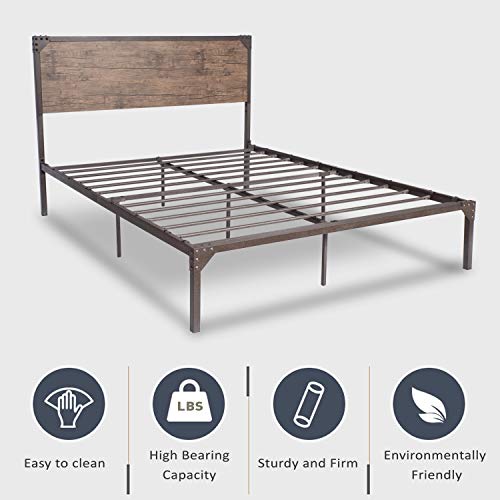 Urest Industrial Full Size Bed Frame with Headboard/Metal Platform Bed Frame/Mattress Feature: