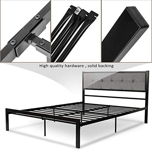 Queen Upholstered Bed Frame/Platform Bed withTufted Headboard/Mattress Foundation/Box Spring Optional/Strong Metal Slat Support