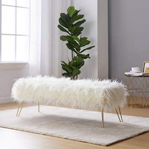 Ornavo Home Modern Contemporary Faux Fur Long Bench Ottoman Foot Rest Stool/Seat with Gold Metal Legs - 15" L x 45" W x 15" H (White)
