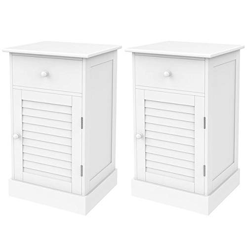 Yaheetech 2pcs Wood Nightstands, End Tables with Storage Cabinet and Drawer, Slatted Door Height Adjustable Shelf, White