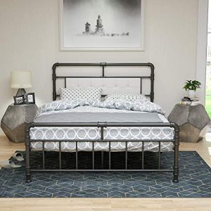 LAGRIMA Classic Reinforced Metal Bed Frame Full Size with Vintage Upholstered Headboard and Footboard, Premium Heavy Duty Steel Slat Support, Full, Black