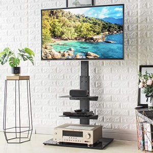 Rfiver Universal Floor TV Stand with Swivel Mount and Adjustable Media Shelves for 32 37 43 47 50 55 60 65 inch Flat/Curved Screen TVs, Internal Wire Management and Tempered Glass Base, Black TF2002