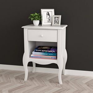 White Nightstand Side End Table Curved Legs with Drawer and Open Space