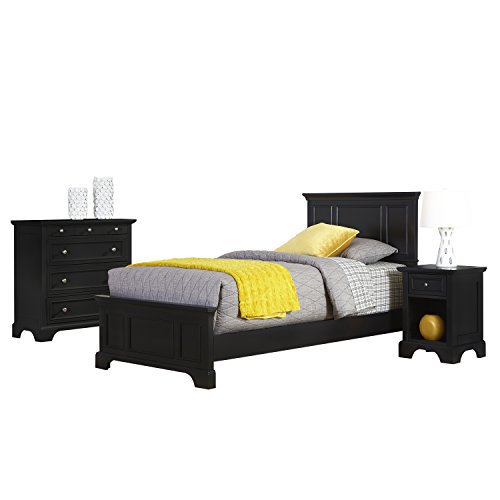 Home Styles Bedford Black Twin Bed, Nightstand, and Chest with Hardwood Construction, Four Drawer Chest, Felt-lined Chest Drawer, Nightstand Storage Drawer, and Brushed Nickel Hardware