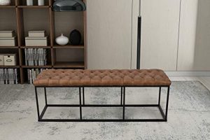 HomePop Faux Leather Button Tufted Decorative Bench with Metal Base, Brown