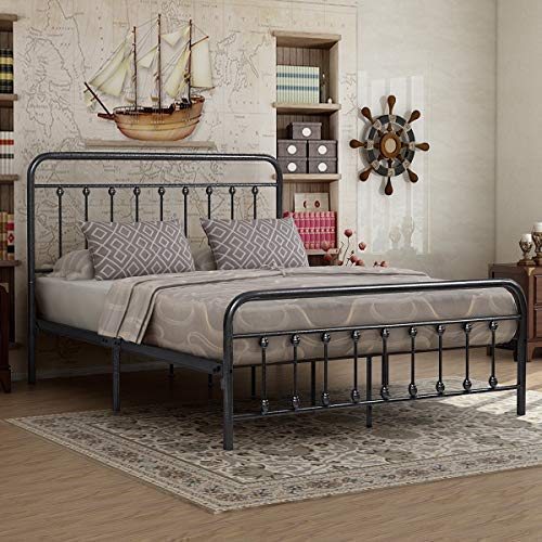 Elegant Home Products Victorian Vintage Style Platform Metal Bed Frame Foundation Headboard Footboard Heavy Duty Steel Slabs Queen Size Silver/Gray Textured Charcoal Finish (Black/Silver, Queen)