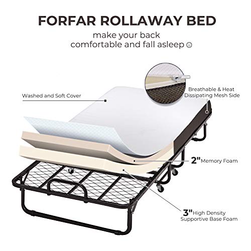 Rollaway Bed with 5 Inch Memory Foam Mattress and a Super Strong Sturdy Frame Forfar Foldable Folding Bed -Twin Size, Rollaway Bed with 5 Inch Memory Foam Mattress and a Super Strong Sturdy Frame, No Assembly -Easy Storage Ultra Compact Spring Supported Bedframe, 76x38 Inch