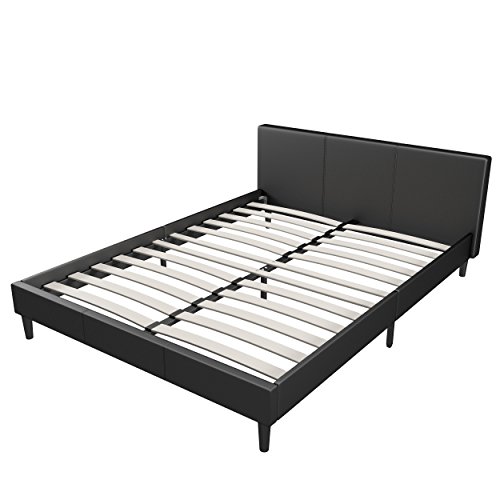 Manhattan Queen Bed Frame | Modern Style Low Profile Headboard + Platform Bedframe | Upholstered Bedroom Mattress Furniture + Soft Wood Footboards, Wooden Slats, Box, and Size Support Legs Included