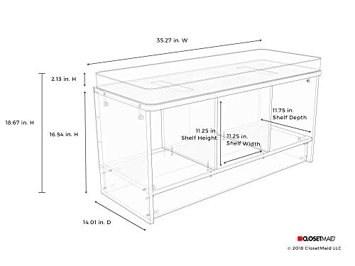 ClosetMaid Cubeicals 3-Cube Storage Bench Appropriate with ClosetMaid cubical material drawers
Inside dimensions of 1 dice: 11.25 in.H x 11.25 in. W x 11.75 in. D
Measures 18.5H x 35.27W x 14.014D
Inside Dimensions of 1 Dice: 11.25-inch H by 11.25-inch W by 11.75-inch D
Simple to assemble; Materials: Manufactured wooden; TSCA TITLE VI COMPLIANT Storage bench with Three separate cubbies with full backer; polyester cushion for prime shelf offers seating