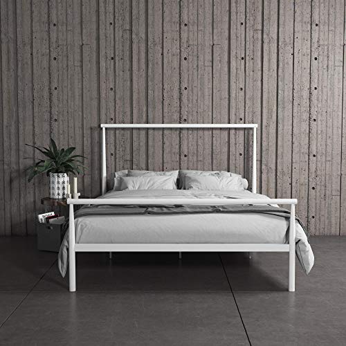 REALROOMS Calixa Modern Metal Platform Bed Frame, Industrial Minimalist Design with Headboard, Full, White
