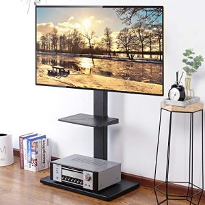 Rfiver Universal Swivel Floor TV Stand for Most 32"-65" LCD LED Flat/Curved Screen TVs, TV and Media Shelf Height Adjustable, Sturdy Wood TV Mount Stand with Internal Cable Management, Black TF1001