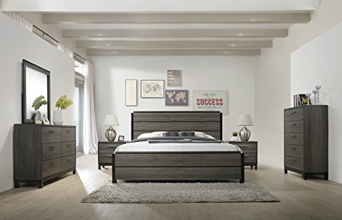 Roundhill Furniture Ioana 187 Antique Grey Finish Wood Bed Room Set, King Size Bed, Dresser, Mirror, 2 Night Stands, Chest