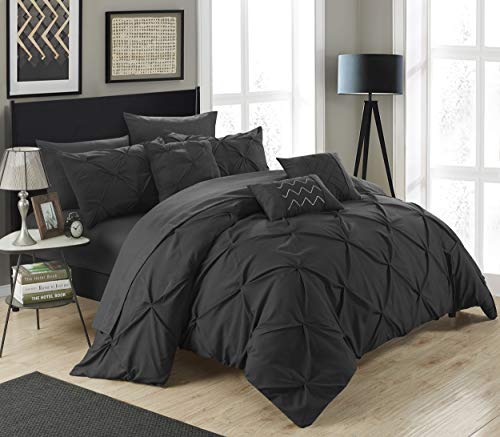 Chic Home 10 Piece Hannah Pinch Pleated, ruffled and pleated complete Queen Bed In a Bag Comforter Set Black With sheet set
