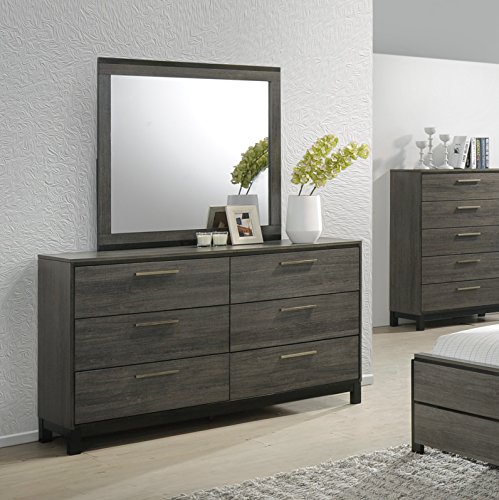 Roundhill Furniture Ioana 187 Antique Grey Finish Wood Bed Room Set, Queen Size Bed  Set including Queen size bed, dresser, mirror, night stand. This gorgeous Bedroom Set is a shining example of modern design and forward thinking.
Your Bedroom thanks you for relaxing, seaside inspired design. The weathered grey Finish enhances the wood veneer while sleek hardware lends to the authenticity of its modern appeal.
Featuring a panel-design, this Bedroom Set will highlight your personal preference for contemporary Styling.
Bed Set up Dimension: 63 x 81 x 48H; dresser Set up Dimension: 59 x 16 x 36H; mirror Dimension: 37L x 38.5H; Nightstand Set up Dimension: 24 x 16 x 15H. Some assembly required.
Photo may slightly different from Actual Item in Terms of color due to the lighting during Photo Shooting or the Monitor's display. Bring the sophistication and elegance of the orient to your home with the bedroom set. Its subtle beauty is set off by the Milo and rubber wood finish as well as the gorges grain stylized wood inlay. Parallel lines adds interest and is the perfect finishing touch on each piece. Choose from a King or queen-sized bed, nightstand, mirror, chest, and dresser to create the bedroom of your Dreams. Roundhill Furniture Ioana 187 Antique Grey Finish Wood Bed Room Set, Queen Size Bed, Dresser, Mirror, Night Stand