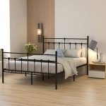 Metal Bed Frame Queen Size Platform No Box Spring Needed with Vintage Headboard and Footboard Premium Steel Slat Support Mattress Foundation Black