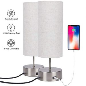 Touch Control Table Lamp Bedside with USB Charging Port,3 Way Dimmable Touch Lamps with Sand Nickel Base and Cylindrical Linen Lampshade for Bedroom Living Room Office (2packs)