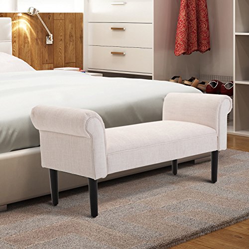 HOMCOM 52" Linen Upholstered Accent Ottoman Bench with Armrests, Cream White