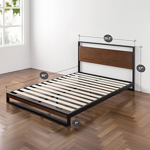 Zinus Suzanne Metal and Wood Platform Bed with Headboard / Box Spring Optional / Wood Slat Support, Queen