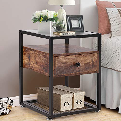 VECELO Nightstand, Tempered Glass End Table, Cabinet with Drawer and Rustic