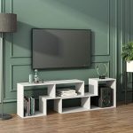 DEVAISE TV Console Stand, Modern Entertainment Center Media Stand, Storage Bookcase Shelf for Living Room, 0.59" Thick, White