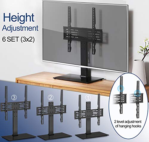 Universal TV Stand Table Top TV Stand for 27-55 inch LCD LED TVs FITUEYES Universal TV Stand Table Top TV Stand for 27-55 inch LCD LED TVs 6 Level Height Adjustable TV Base with Tempered Glass Base & Security Wire VESA 400x400 Holds up to 88lbs TT103701GB