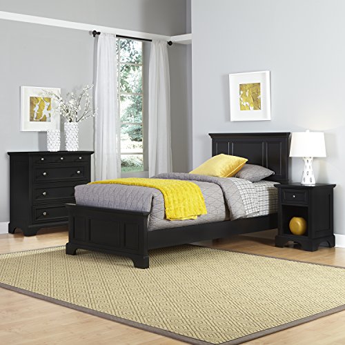 Bedford Black Twin Bed, Nightstand, and Chest with Hardwood Construction Home Styles Bedford Black Twin Bed, Nightstand, and Chest with Hardwood Construction, Four Drawer Chest, Felt-lined Chest Drawer, Nightstand Storage Drawer, and Brushed Nickel Hardware