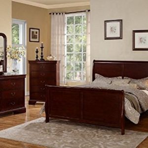 Poundex Louis Phillipe Bedroom Set Featuring French Style Sleigh Platform Bed and Matching Case Goods, Queen, Cherry