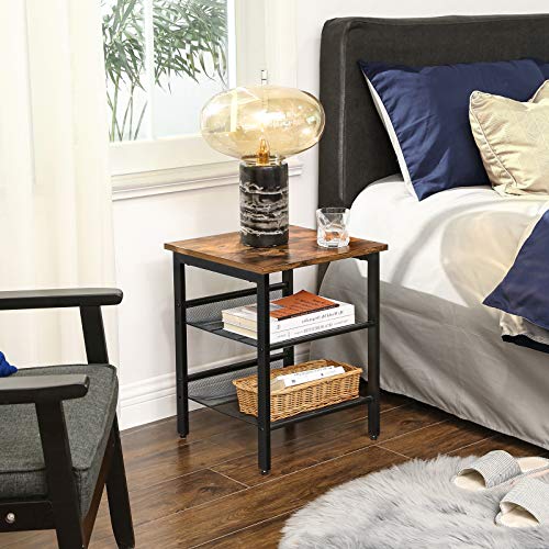 Nightstand with 2 Adjustable Mesh Shelves, Side Table for Living Room Specifications: - Color: Rustic Brown - Material: Particleboard, Metal - Product Size: 15.7”L x 15.7”W x 21.7”H (40 x 40 x 55 cm) - Product Weight: 8.4 lb (3.8 kg) - Max. Static Load Capacity of the Tabletop: 44 lb (20 kg) - Max. Static Load Capacity per Mesh Shelf: 11 lb (5 kg)