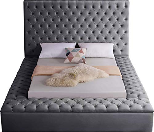 Contemporary Velvet Upholstered Bed with Deep Button Tufting and Storage Compartments Meridian Furniture BlissGrey-K Bliss Collection Modern | Contemporary Velvet Upholstered Bed with Deep Button Tufting and Storage Compartments in Rails and Footboard, King, Grey