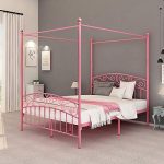DUMEE Queen Size Metal Canopy Bed Frame Platform Sweet Pink Style