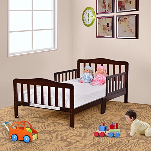 Costzon Toddler Bed, Wood Kids Bedframe Children Classic Sleeping Bedroom Furniture w/Safety Rail Fence (Cherry)