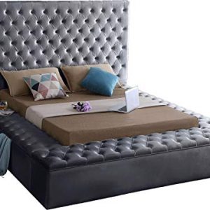 Meridian Furniture BlissGrey-K Bliss Collection Modern | Contemporary Velvet Upholstered Bed with Deep Button Tufting and Storage Compartments in Rails and Footboard, King, Grey