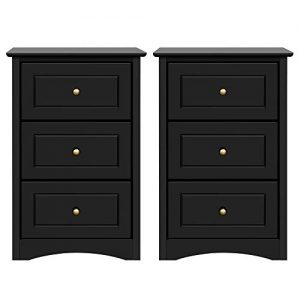Yaheetech Tall Bedside Table Nightstand End Sofa Table with 3 Drawers - Storage Cabinet Bedroom, Set of 2, Black