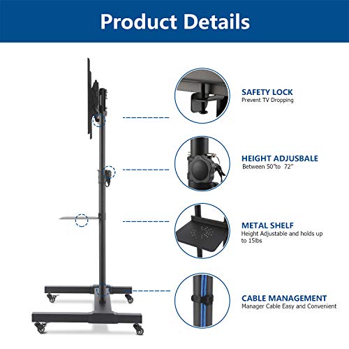 TV Cart with Tilt Mount and Locking Wheels for Most 37"-80" LCD LED Rfiver Mobile TV Stand Rolling TV Cart with Tilt Mount and Locking Wheels for Most 37"-80" LCD LED Flat Screen Curved TVs, Black Display Trolley Floor Stand Height Adjustable Max Load 110 Lbs