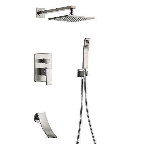 Shower Systems Luxury Brushed Nickel Bathroom Shower Faucet with Tub Spout,8'' Rain Shower Head and Handheld Wall Mount Shower Fixtures (Brushed Nickel shower faucet)