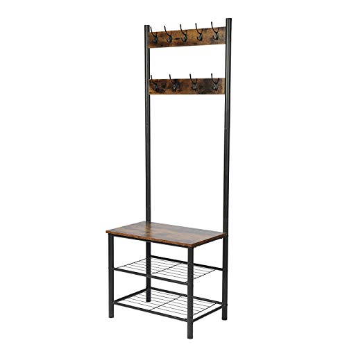 GOOD & GRACIOUS Entryway Coat Rack, Industrial Hall Tree with Storage Bench, Wood Finish Coat and Shoe Rack with Metal Frame, Easy Assembly