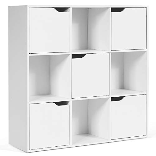 Giantex 9-Cube Storage Organizer, Storage Cabinet with 4 Open Cubes and 5 Cabinets, Free Standing Wooden Cubby Bookcase, Compartment Units for Home Office, 3-Tier Bookshelf for Books, Toys